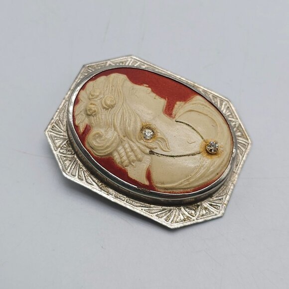 Victorian Cameo Pin C Clasp Rhinestone Accents Oval Portrait Silver Tone Frame - Picture 2 of 4